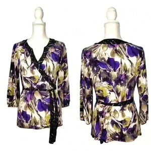 ALFANI Womans Multi-Color Kimono FAUX Wrap TUNIC Top 3/4 Sleeves Sash option Med